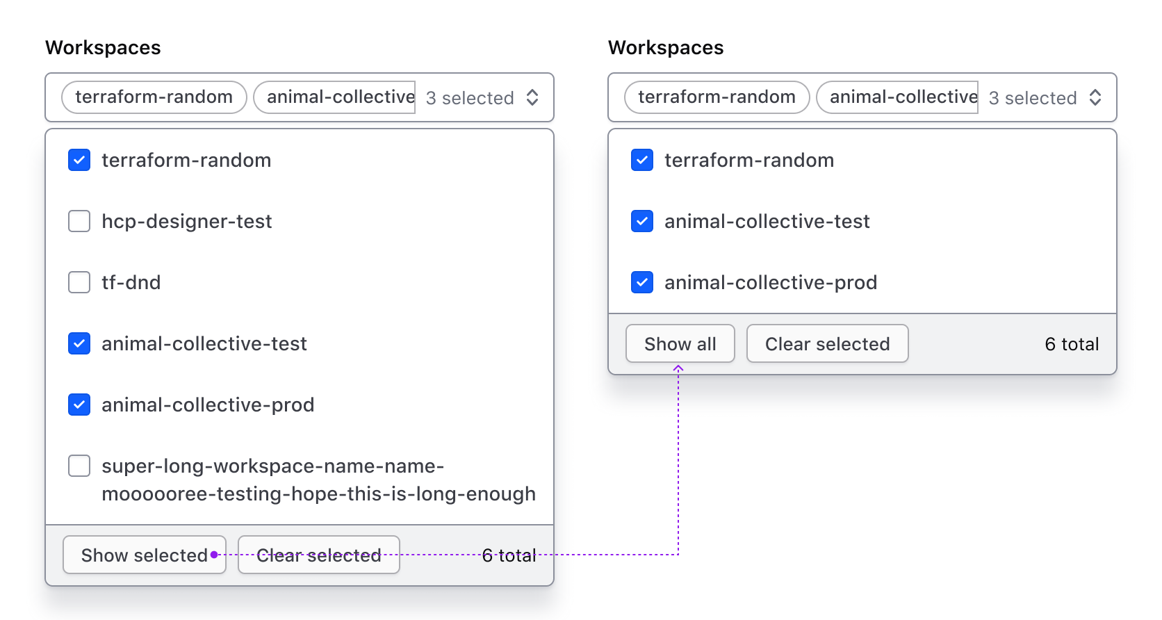 Flow showing the behavior of the show selected button and how it toggles the list to only display selected list items